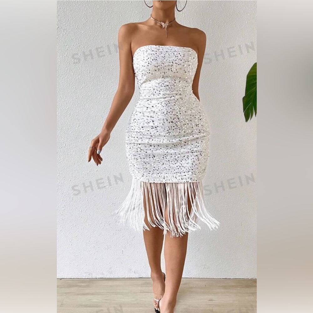 Fringe White and silver sequence dress